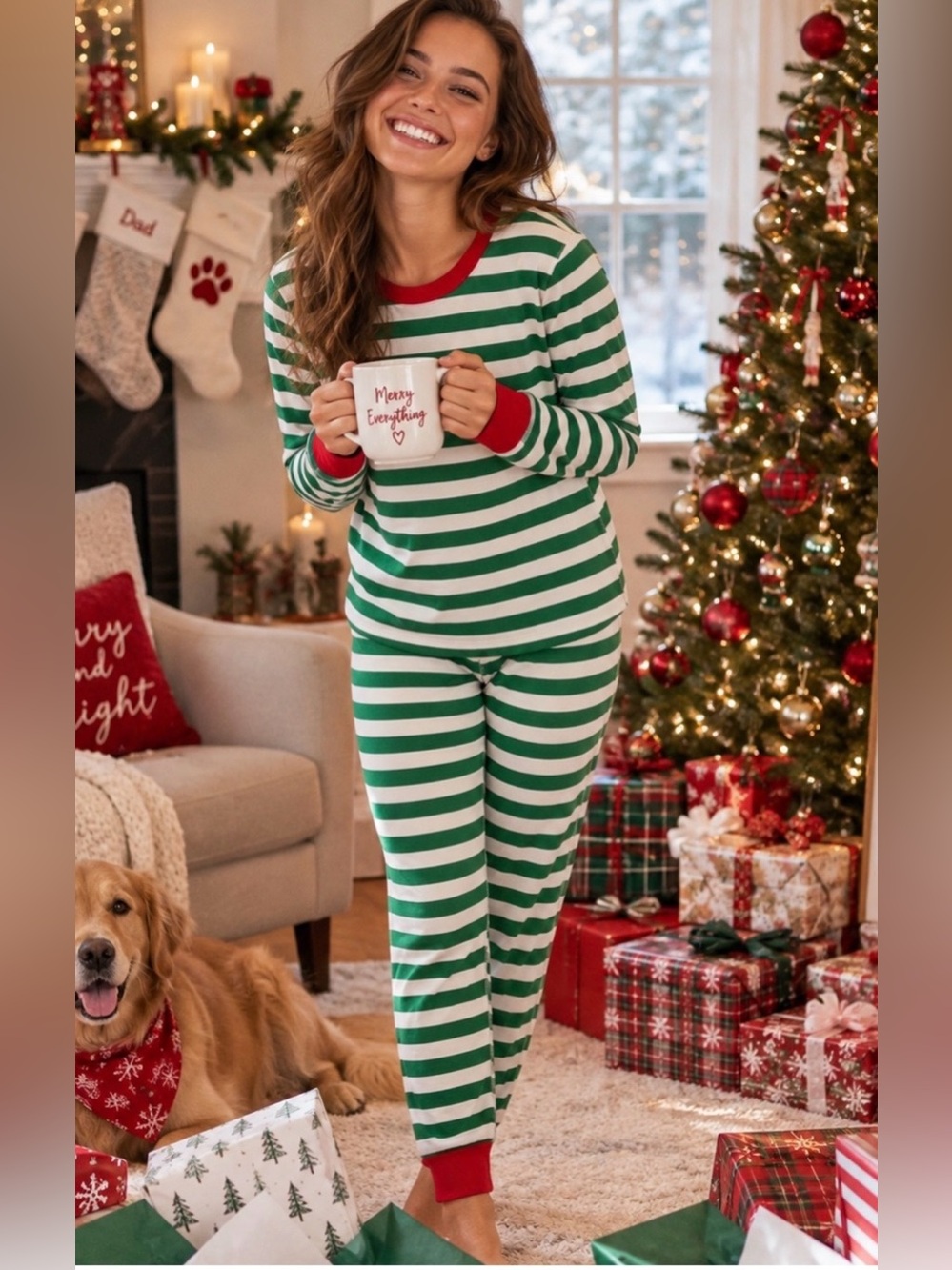 Hanna Andersson Women’s Cotton Christmas Holiday Green Striped Pajama Set Size M